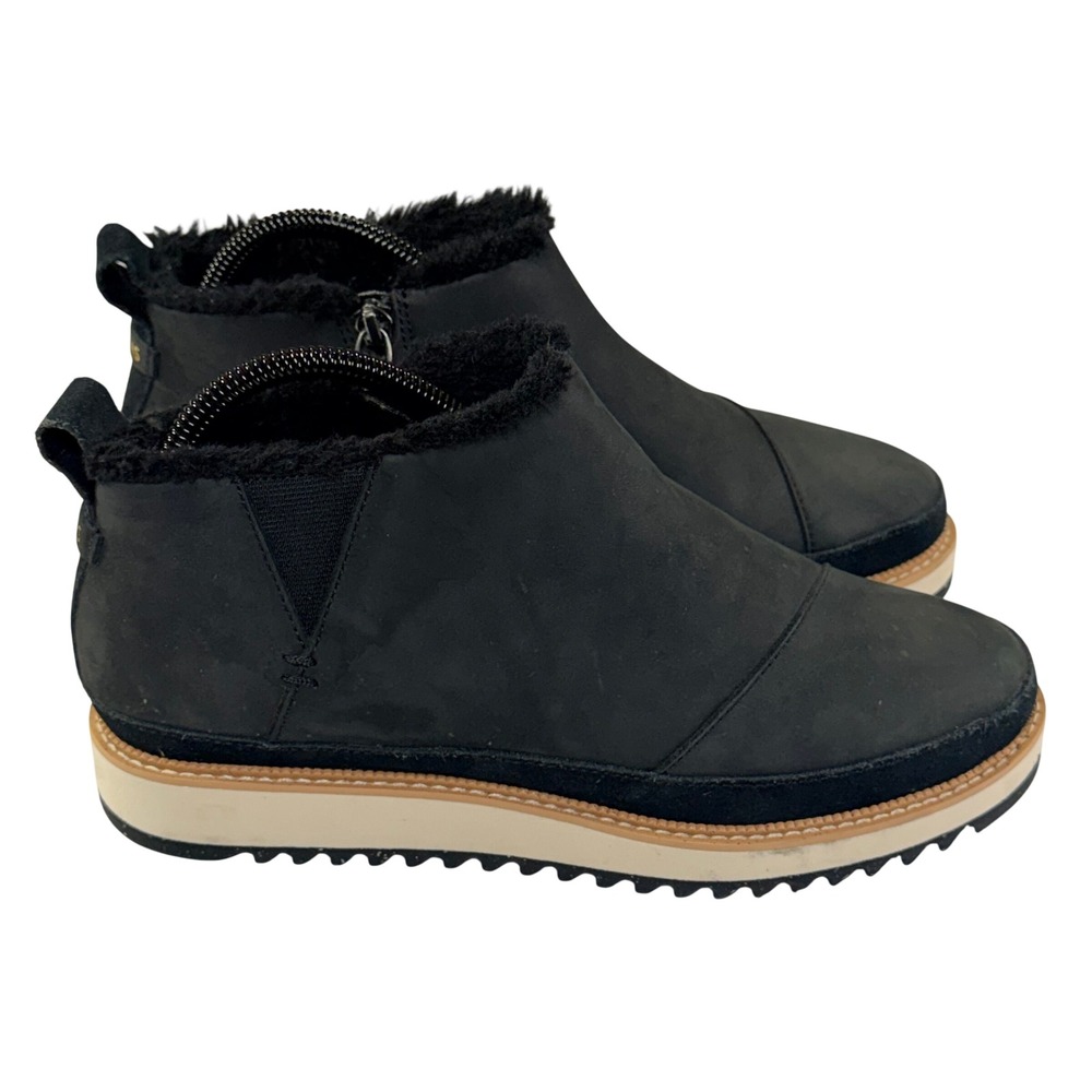 TOMS Marlo Boots Womens 8 Black Leather Faux Fur Platform Ankle Water Resistant